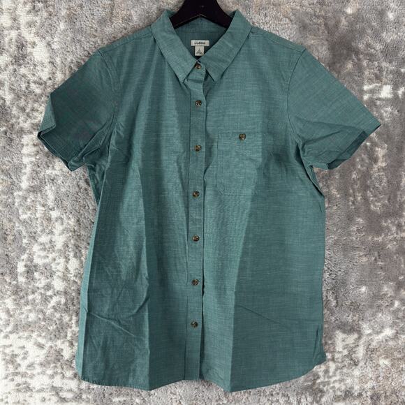 LL Bean Womens Size L Cotton Button Shirt Green Short Sleeve Casual Collared - Picture 1 of 9